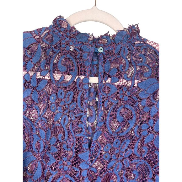 Willow & Clay Purple Navy High Neck All‎ Lace Shirt Ruffle Cuffs Size XSmall - Picture 6 of 13